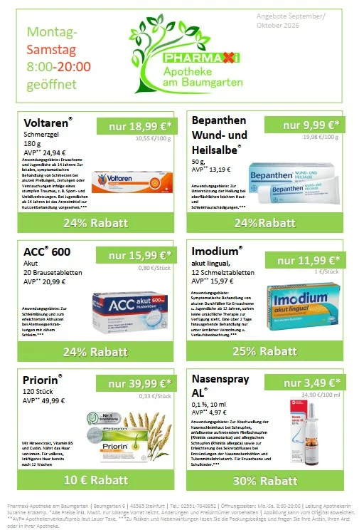 Das Bild zeigt die Sonderangebote der Pharmaxi-Apotheke am Baumgarten für die Monate September/Oktober 2026.